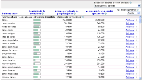 Tela do Google Adwords Keyword Tool