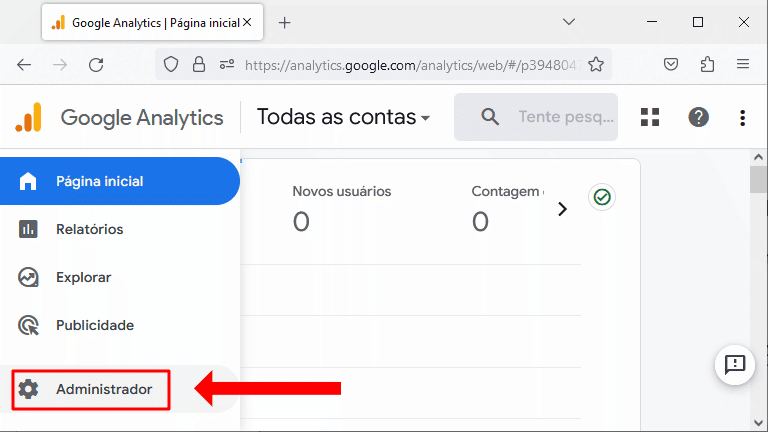 Google Analytics - acessar página administrador da conta - link menu lateral esquerdo