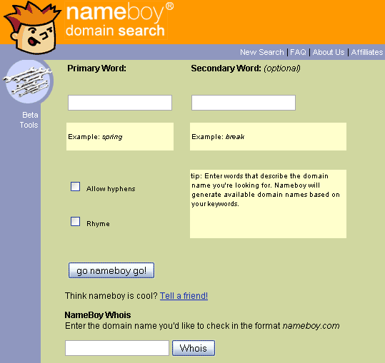 Interface nameboy- analisador de nomes de domínio
