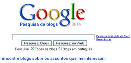 Tela Inicial do Google Blog Search em Português