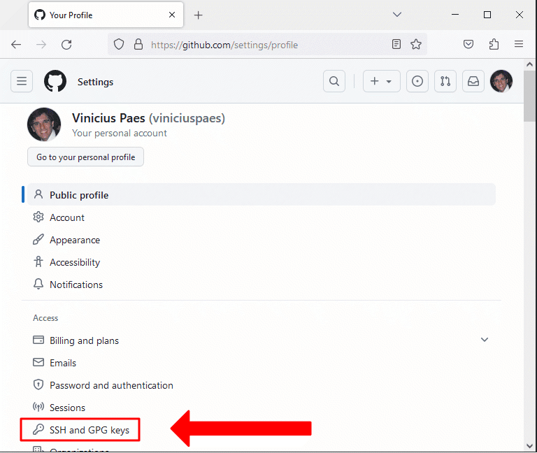 Github - passo a passo para configurar chave ssh - acessar menu ssh and gpg keys