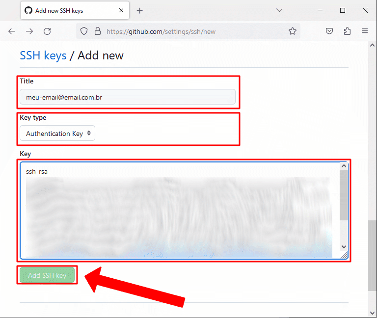 Github - passo a passo para configurar chave ssh - colar sua chave ssh pública