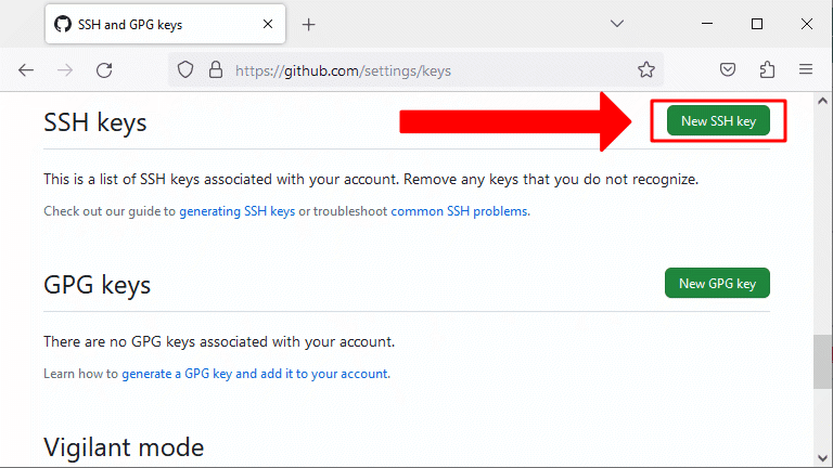 Github - passo a passo para configurar chave ssh - clicar no botão adicionar new ssh key