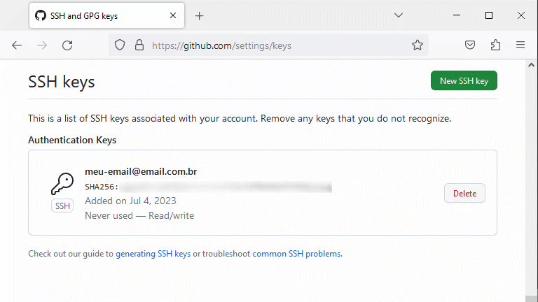 Github - passo a passo para configurar chave ssh - nova chave ssh configurada com sucesso no github