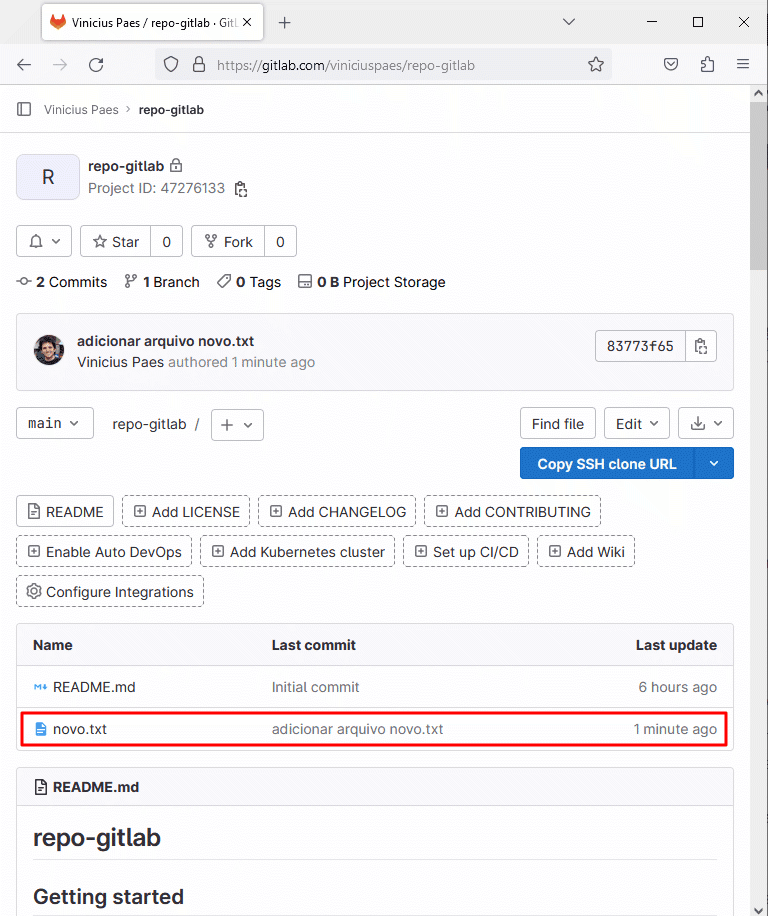 Gitlab - arquivo que foi feito commit apareceu na interface