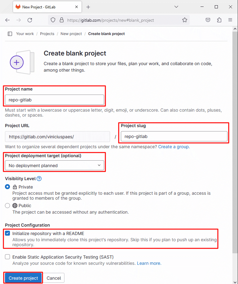 Gitlab - como criar novo projeto repositório - passo 3 - preencher dados do repositório