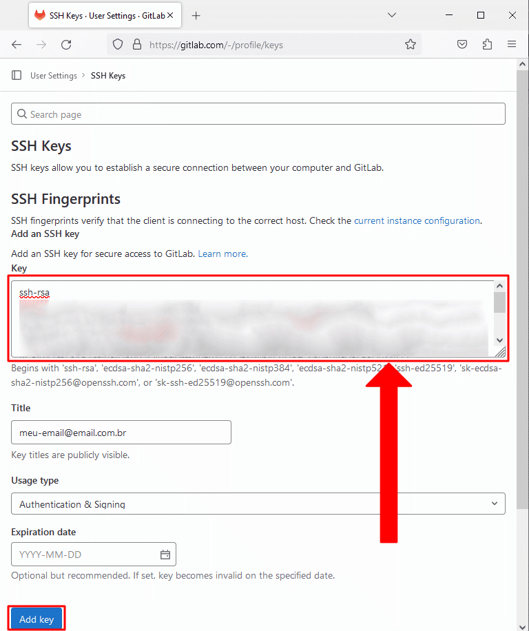Gitlab - como adicionar nova chave SSH - passo 4 - adicionar sua chave ssh