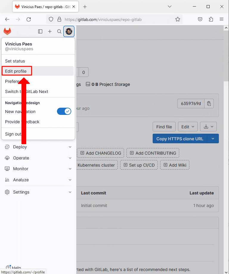 Gitlab - como adicionar nova chave SSH - passo 2 - editar perfil
