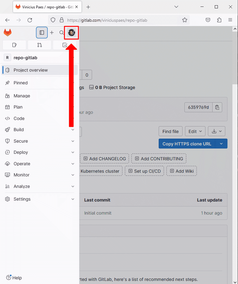Gitlab - como adicionar nova chave SSH - passo 1 - acessar menu