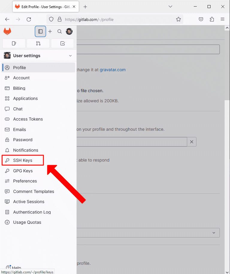 Gitlab - como adicionar nova chave SSH - passo 3 - clicar botão do menu de chave ssh