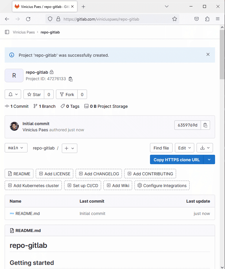 Gitlab - como criar novo projeto repositório - passo 4 - novo repositório criado