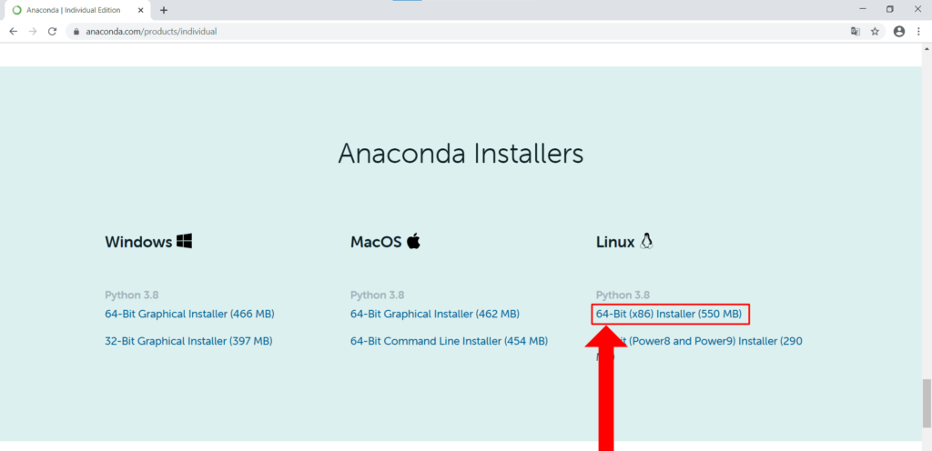 Anaconda Ubuntu - página de download