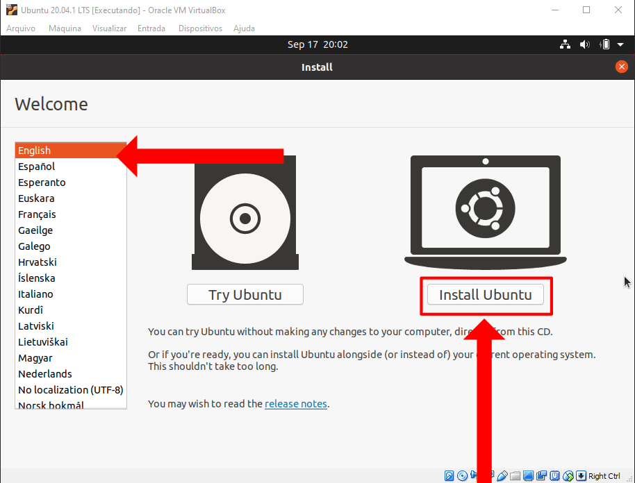 Virtualbox - opção de testar o ubuntu (carregar na RAM) ou instalar o mesmo no HD