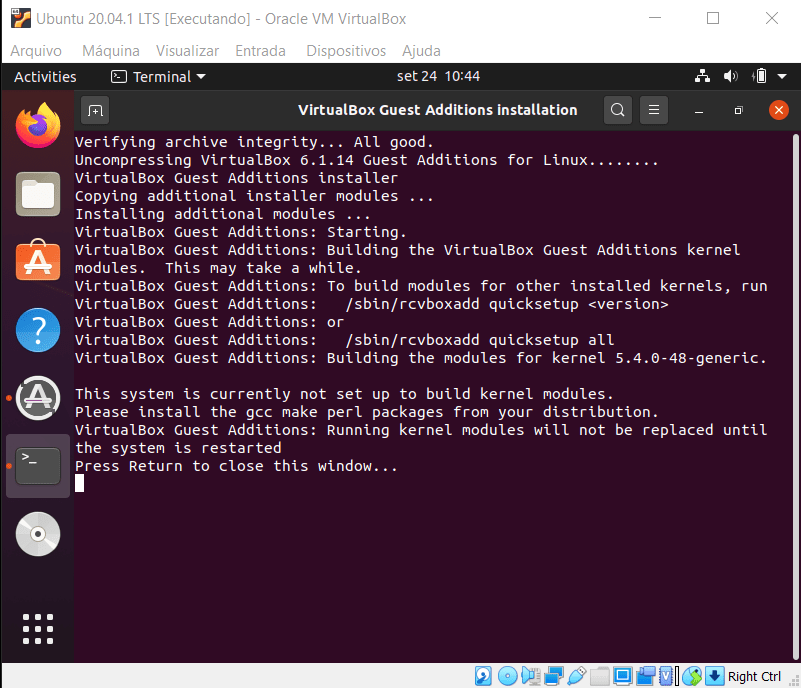 Virtualbox - Terminal Ubuntu: finalização instalação do Virtualbox Guest Addition