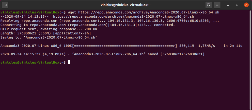 Anaconda Ubuntu - download do anaconda concluído