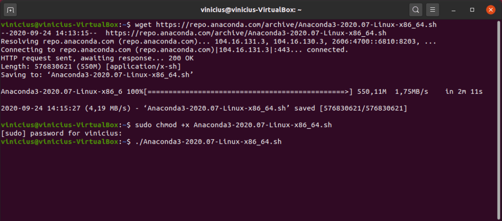 Anaconda Ubuntu - executando o script de instalação do anaconda