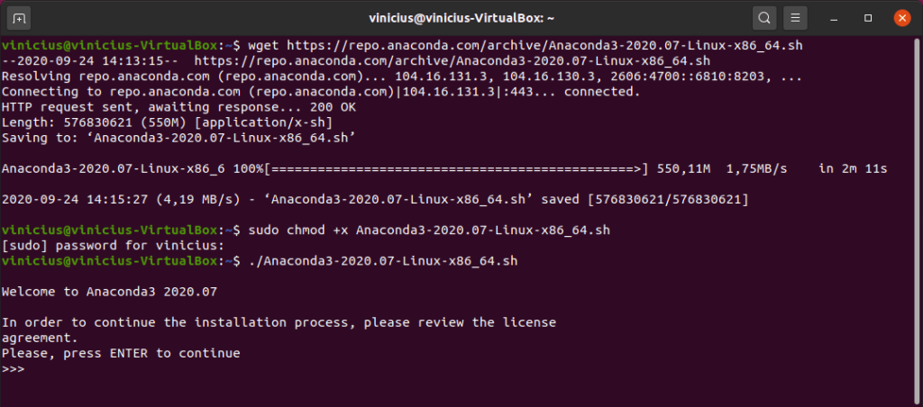 Anaconda Ubuntu - aceitar ou não a licença de software