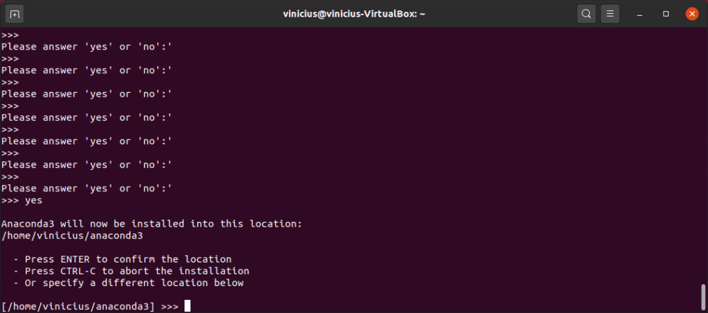 Anaconda Ubuntu - confirmar local de instalação do Anaconda