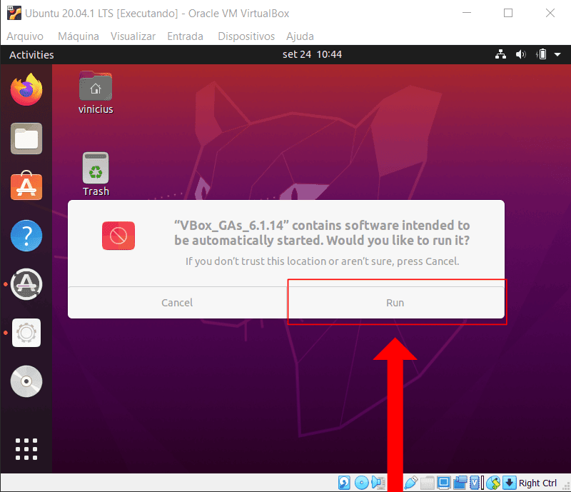 VirtualBox - executar arquivo de guest addon no Ubuntu