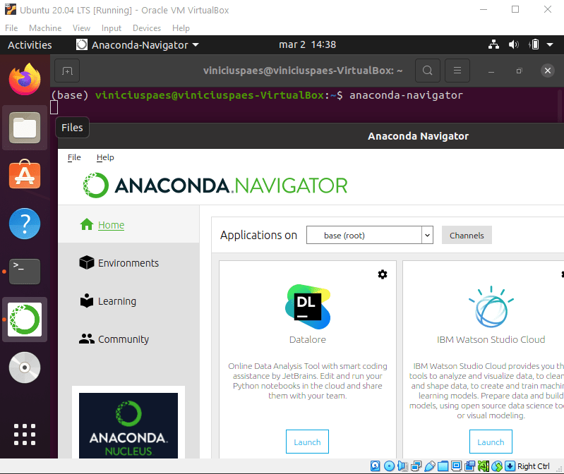 Anaconda Ubuntu - executando o anaconda navigator pelo terminal e abrindo a interface do anaconda