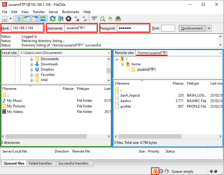 filezilla connected user with tls