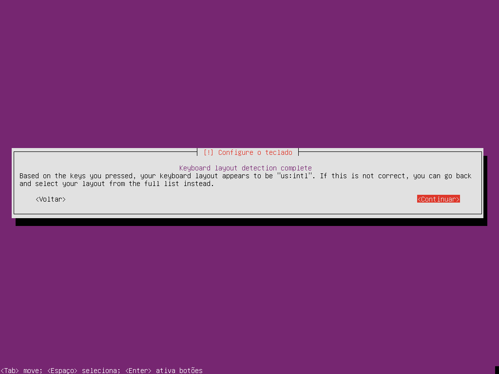 Instalador Ubuntu - layout do teclado identificado