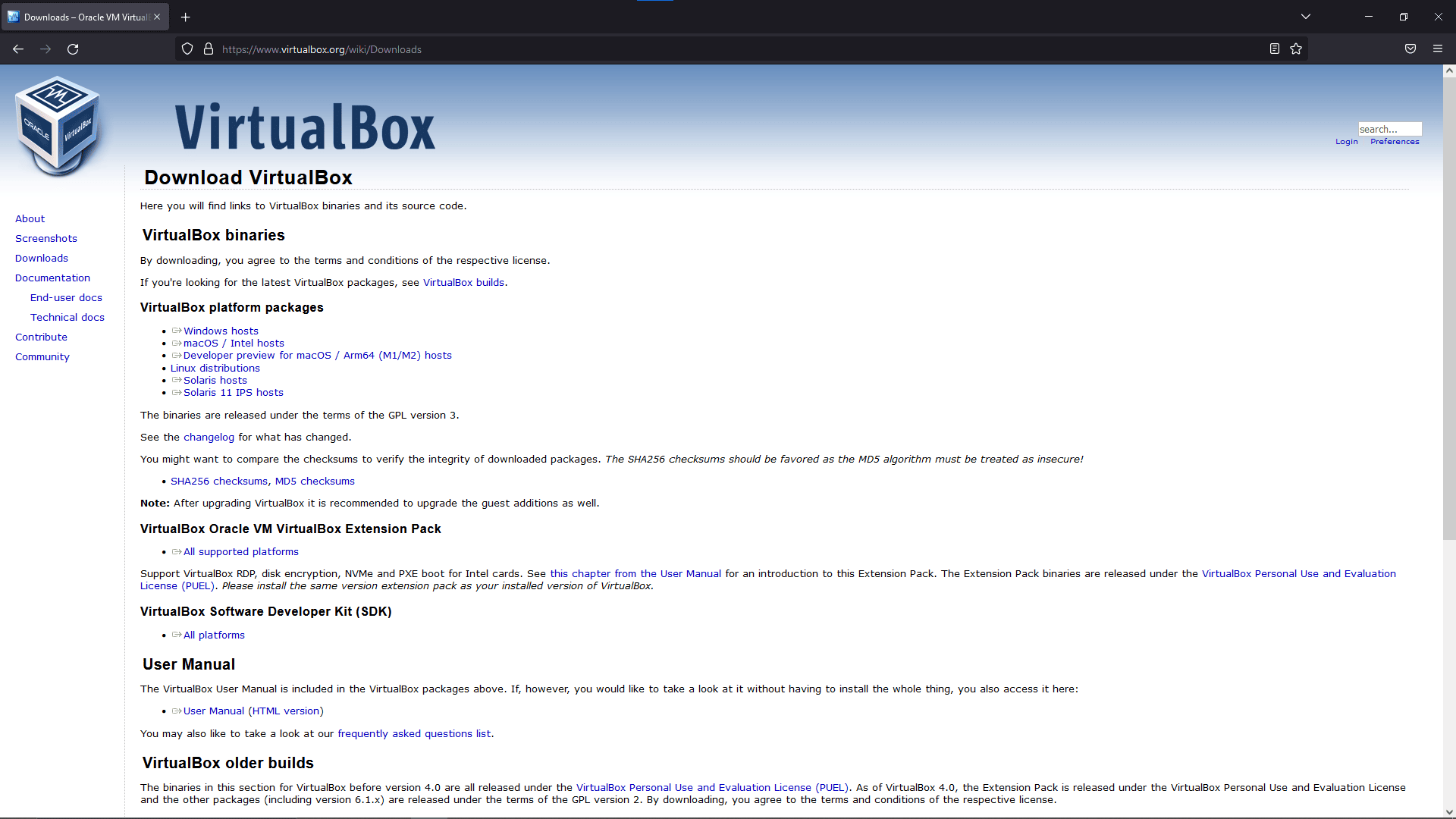Página de download do virtual box