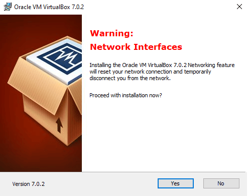 Tela instalação virtualbox - aviso