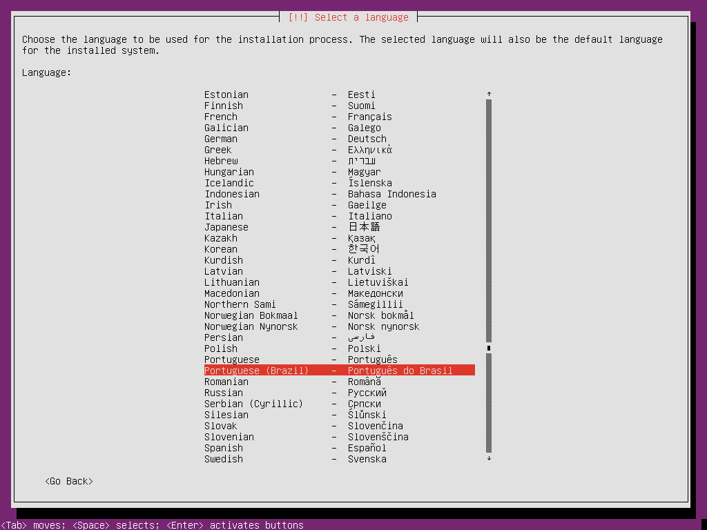 Escolha idioma instalação ubuntu