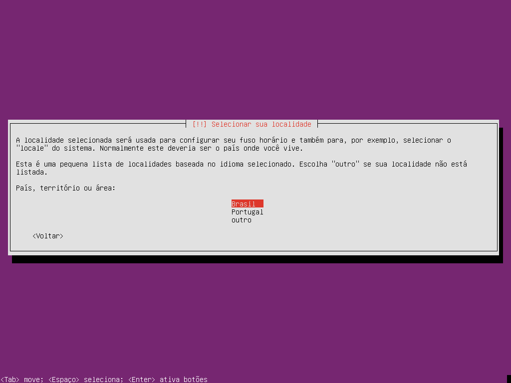 Instalação ubuntu - escolher sua localidade