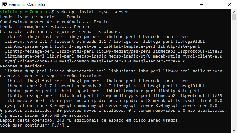 ubuntu sudo apt install mysql server