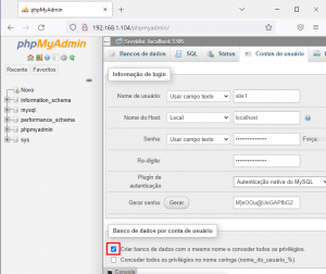 Wordpress - criar novo usuário no phpmyadmin e também o banco com o mesmo nome do usuário