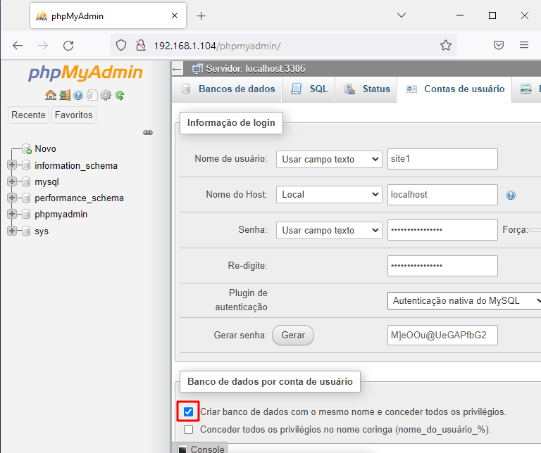 Wordpress - criar novo usuário no phpmyadmin e também o banco com o mesmo nome do usuário