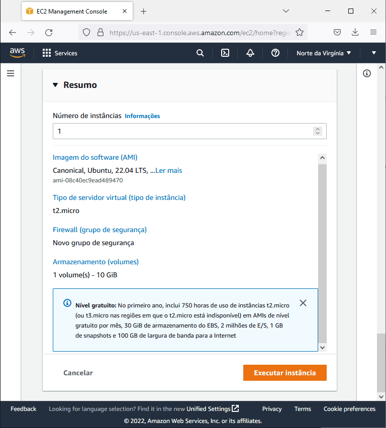 Amazon AWS - nova instância EC2 - resumo para criação da instância (servidor)