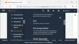 Amazon AWS página inicial do console - foco no menu de serviços - computação - EC2