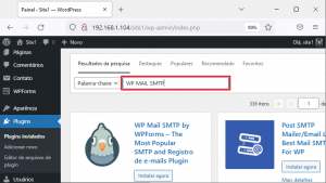 Página de busca de plugins do wordpress, buscando por wp mail smtp