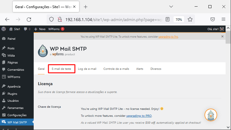 Wordpress - WP MAIL SMTP - página de configurações - foco no email de teste