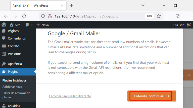 Página de instalação do wp mail smtp - confirmar uso do gmail