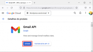 Google Cloud Platform - biblioteca de API - pagina de resultado de busca - Gmail API - ativar API