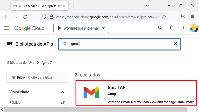 Google Cloud Platform - biblioteca de API - pagina de resultado de busca - Gmail API