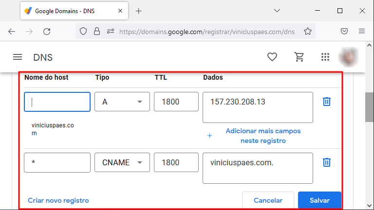 Google Domains - definir entradas DNS