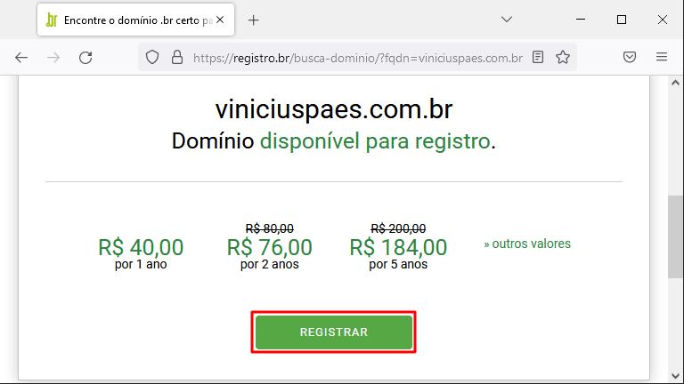 Domínio disponível para registro no registro.br