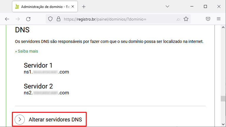 Registro.br - tela do domínio selecionado - opção alterar DNS