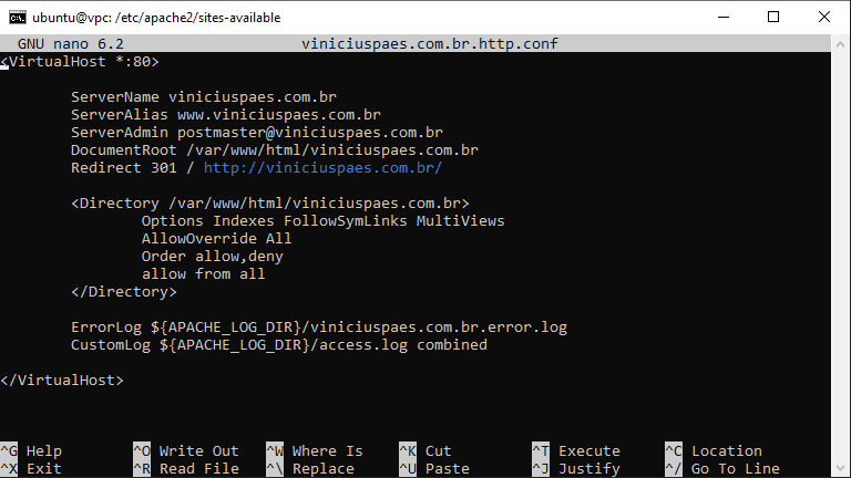 Ubuntu - arquivo de configuração para um novo domínio e website no apache
