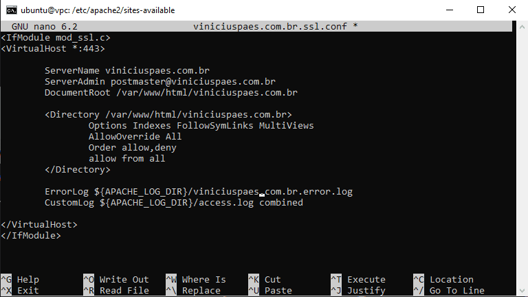 Ubuntu - arquivo de configuração para um novo domínio e website no apache com SSL