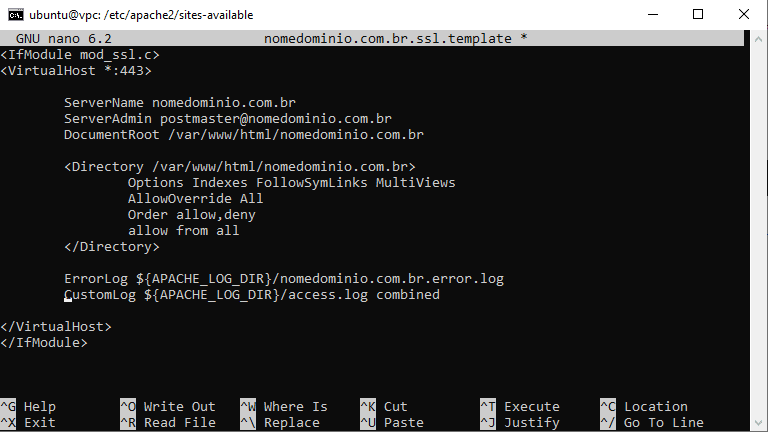 Ubuntu - template arquivo configuração domínio sites-available apache com acesso https e sem alias www