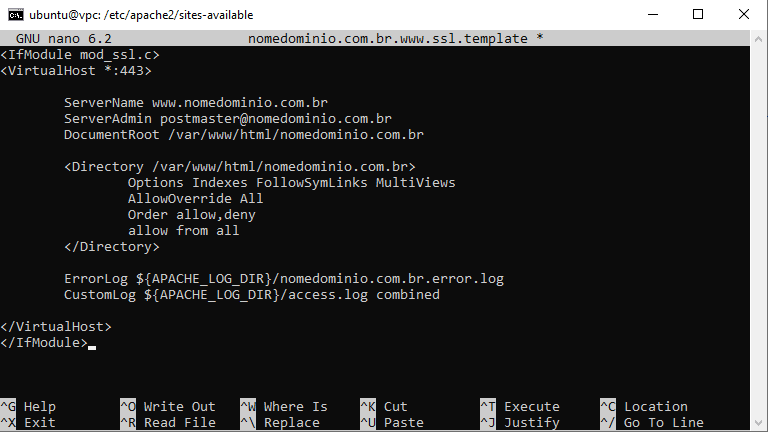 Ubuntu - template arquivo configuração domínio sites-available apache com acesso https e www