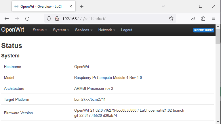 Raspberry Pi - tela inicial openwrt após login, utilizando cm4 como roteador