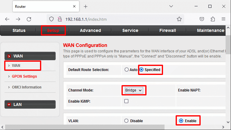 Substituir modem fibra FTTH - configurando VLAN