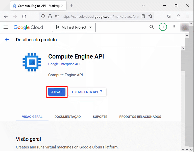 Servidor Google Cloud - ativar compute engine API